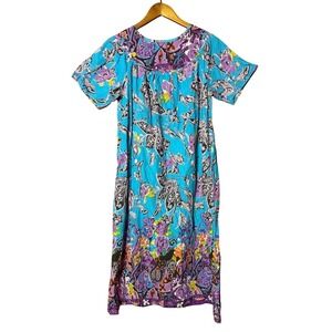 Phases Women Size Small Turquoise Floral Muumuu Dress Boho Maxi Resortwear